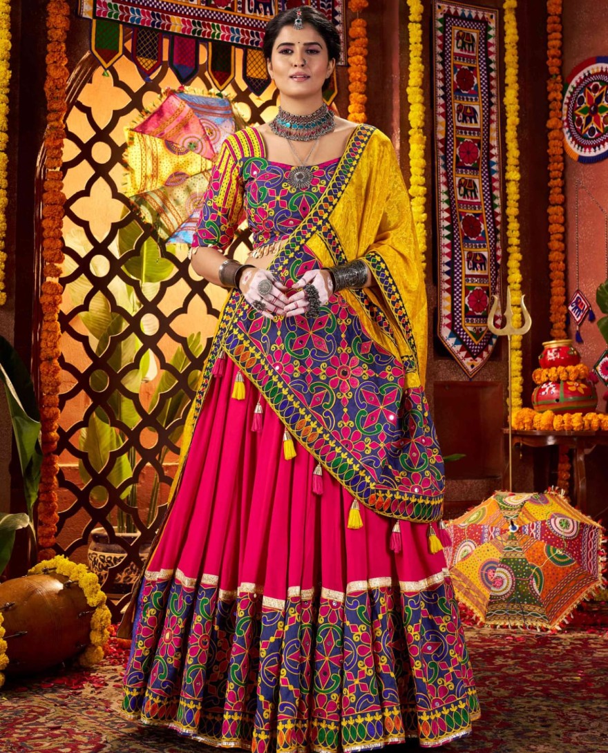 11072 - Glorious Red Cotton Embroidered Navratri Wear Lehenga Choli