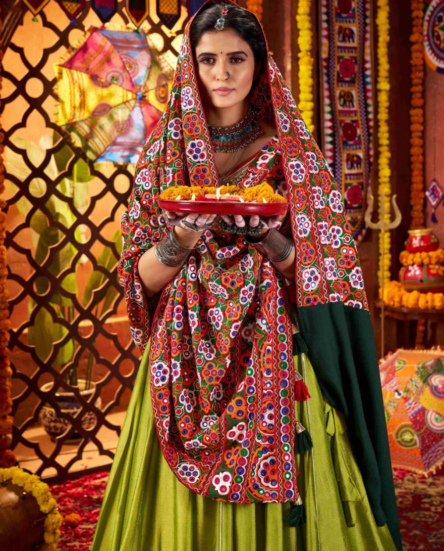 11073 - Enchanting Green Silk Mirror Work Festival Wear Lehenga Choli