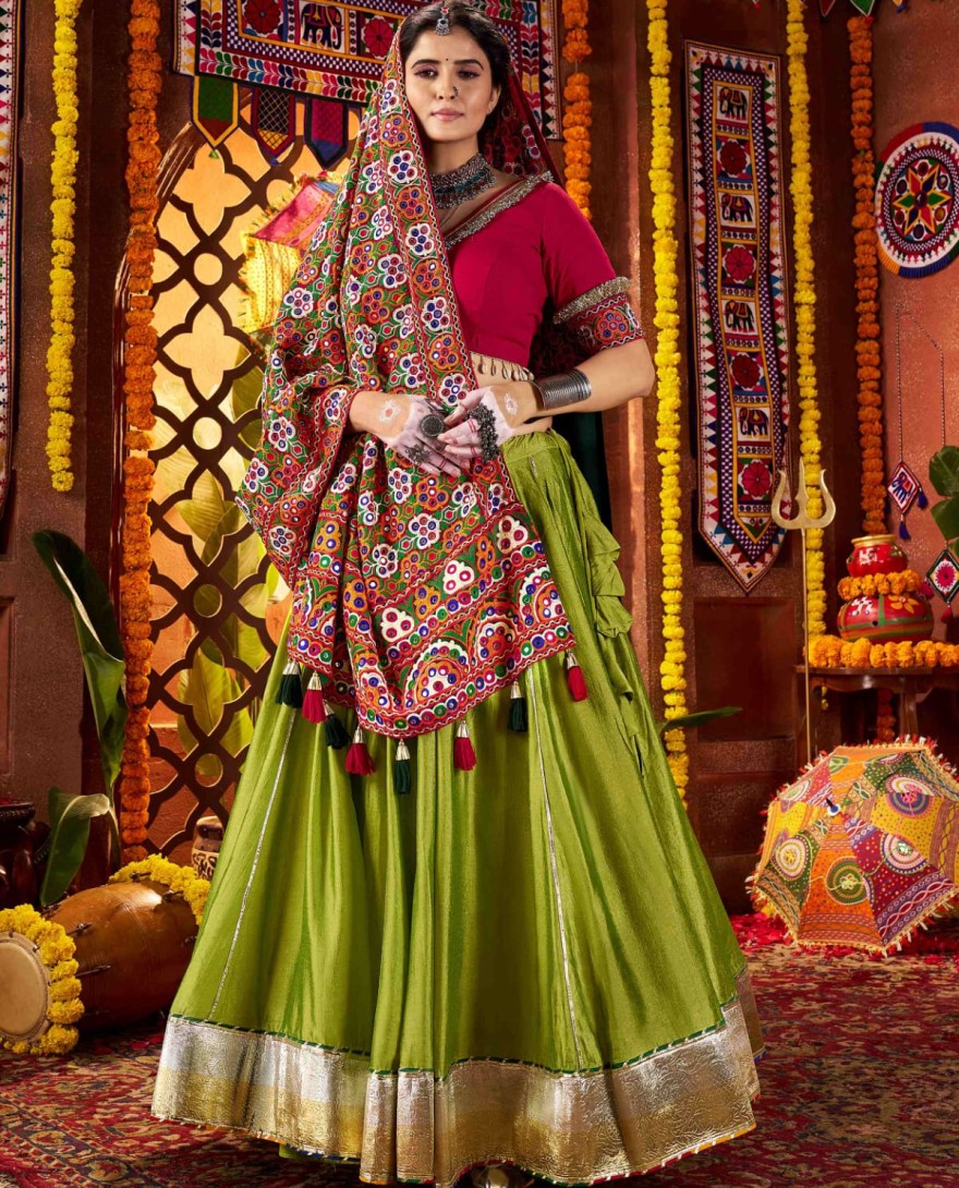 11073 - Enchanting Green Silk Mirror Work Festival Wear Lehenga Choli