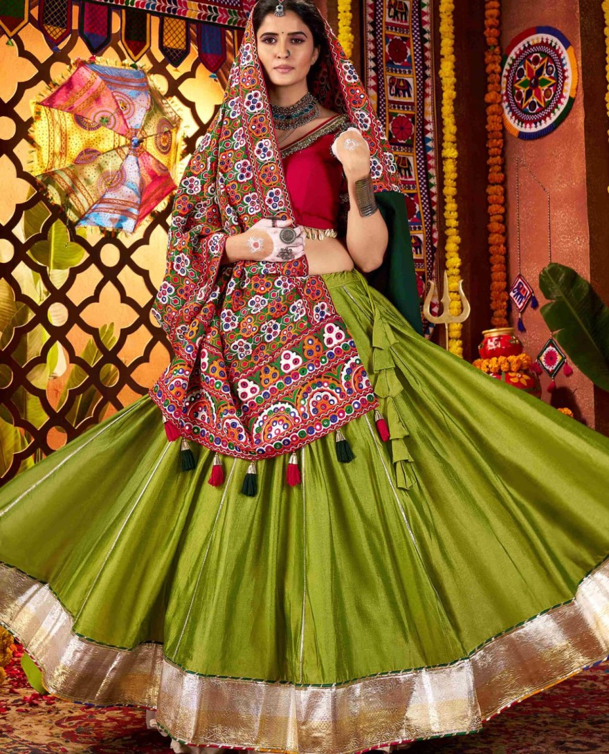 11073 - Enchanting Green Silk Mirror Work Festival Wear Lehenga Choli