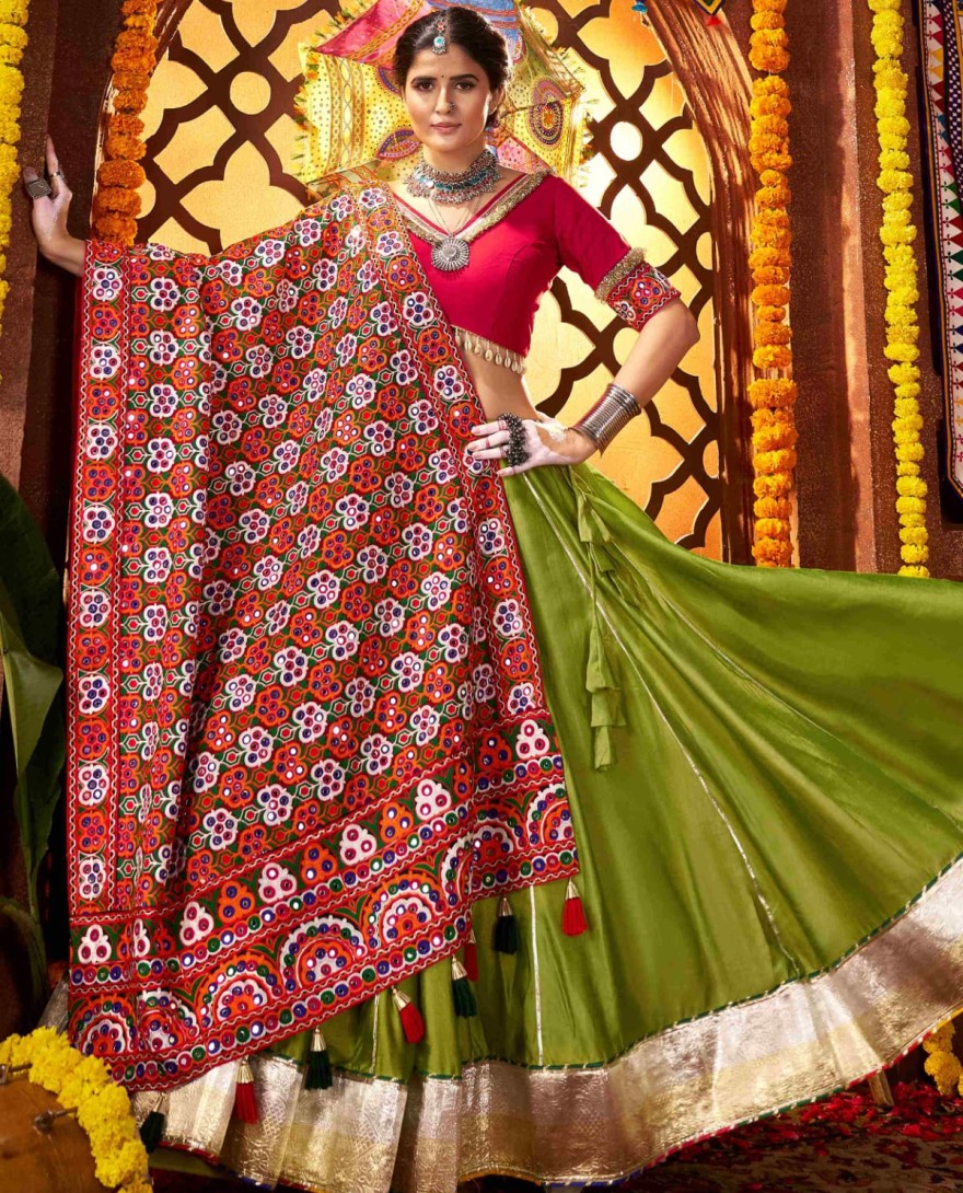 11073 - Enchanting Green Silk Mirror Work Festival Wear Lehenga Choli