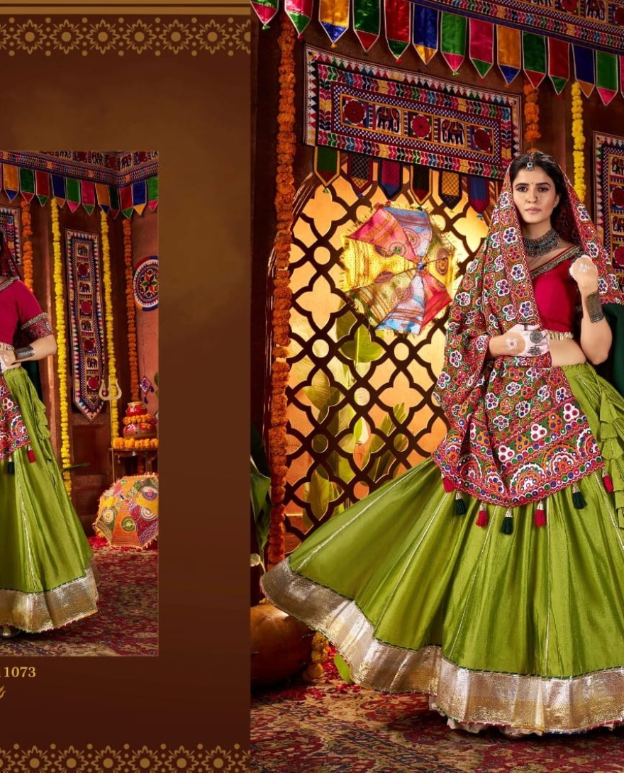 11073 - Enchanting Green Silk Mirror Work Festival Wear Lehenga Choli
