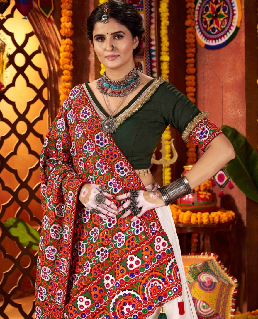 11074 - Tantalizing White Silk Thread Work Navratri Wear Lehenga Choli