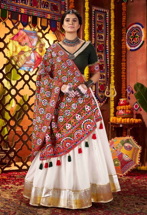 Tantalizing White Silk Thread Work Navratri Wear Lehenga Choli