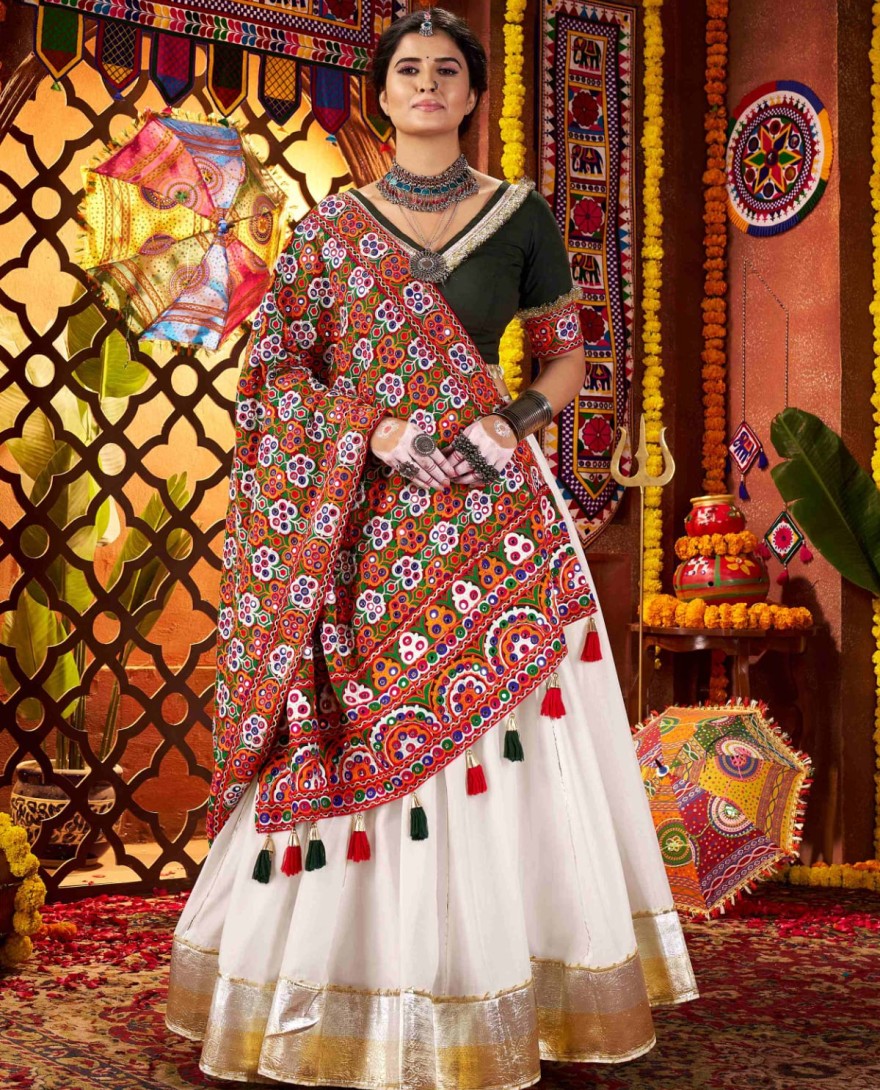 11074 - Tantalizing White Silk Thread Work Navratri Wear Lehenga Choli