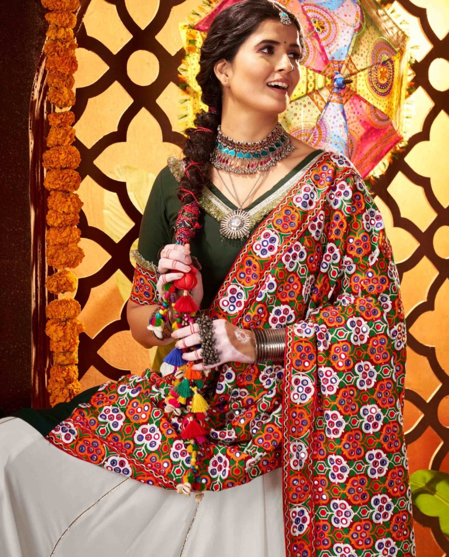 11074 - Tantalizing White Silk Thread Work Navratri Wear Lehenga Choli