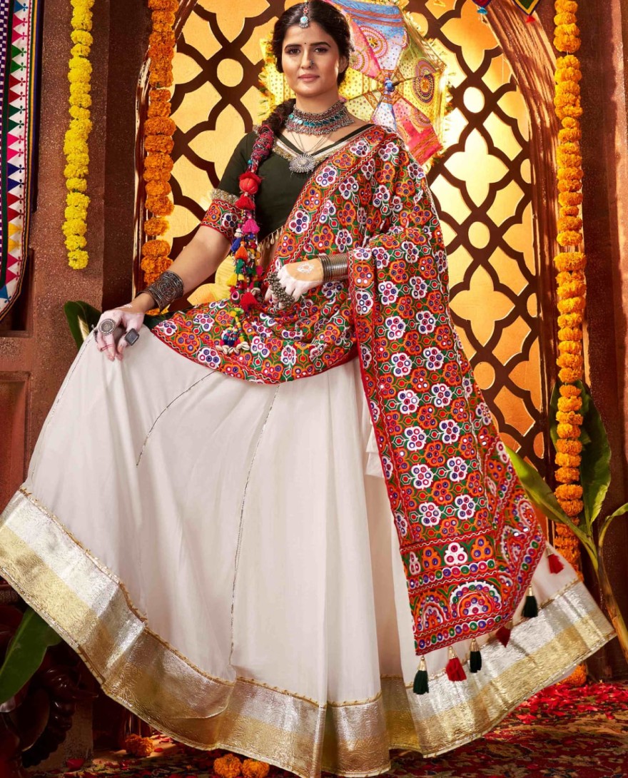 11074 - Tantalizing White Silk Thread Work Navratri Wear Lehenga Choli