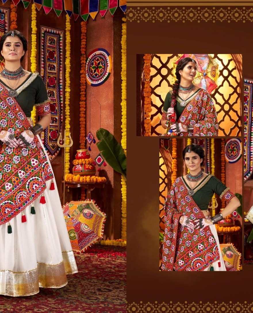 11074 - Tantalizing White Silk Thread Work Navratri Wear Lehenga Choli