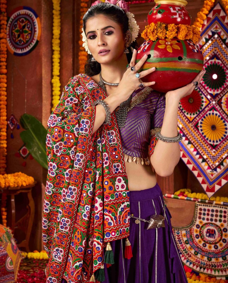 11075 - Mesmerizing Purple Silk Lace Work Traditional Lehenga Choli