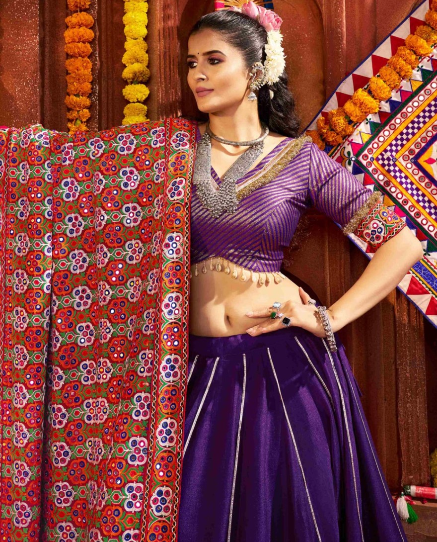 11075 - Mesmerizing Purple Silk Lace Work Traditional Lehenga Choli