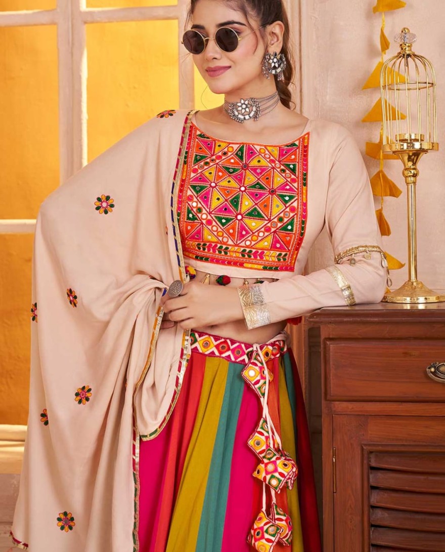 Beige - Beige Multicolor Navratri Lehenga Choli with Mirror and Kutchi Embroidery Work