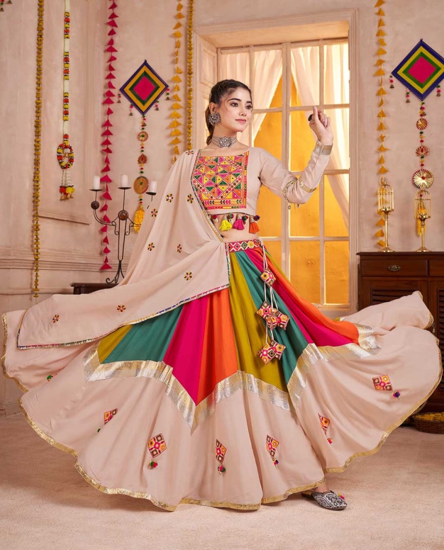 Beige - Beige Multicolor Navratri Lehenga Choli with Mirror and Kutchi Embroidery Work