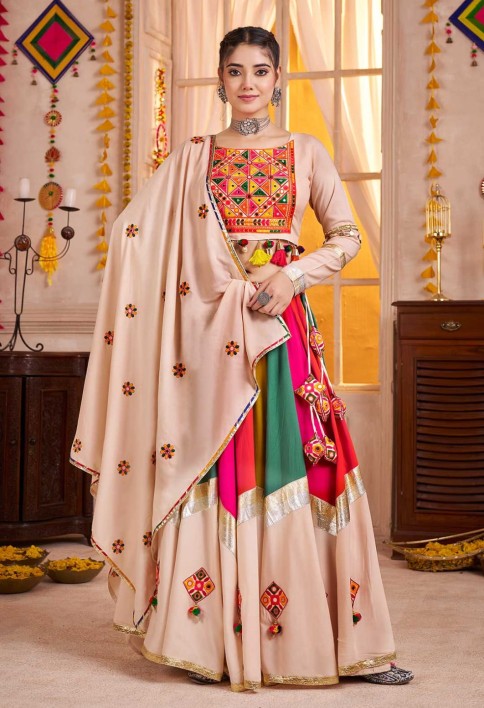 Beige Multicolor Navratri Lehenga Choli with Mirror and Kutchi Embroidery Work