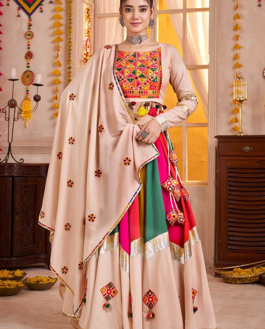 Beige - Beige Multicolor Navratri Lehenga Choli with Mirror and Kutchi Embroidery Work