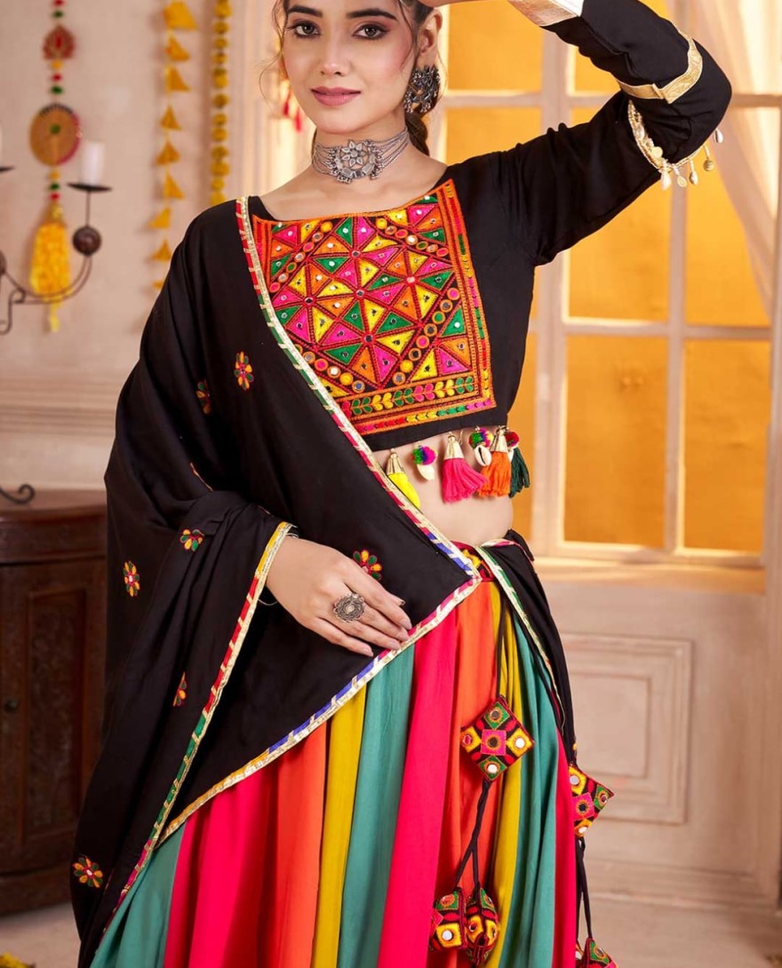 Black - Black Multicolor Navratri Lehenga Choli with Kutchi Embroidery
