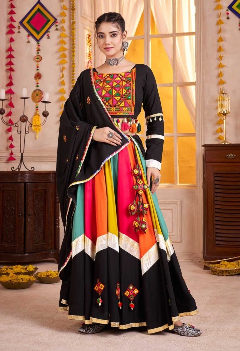 Black Multicolor Navratri Lehenga Choli with Kutchi Embroidery