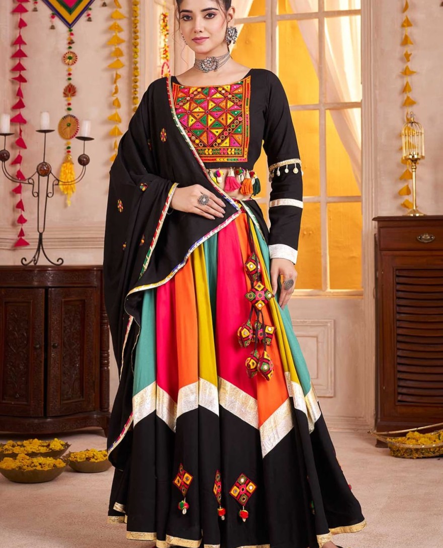 Black - Black Multicolor Navratri Lehenga Choli with Kutchi Embroidery