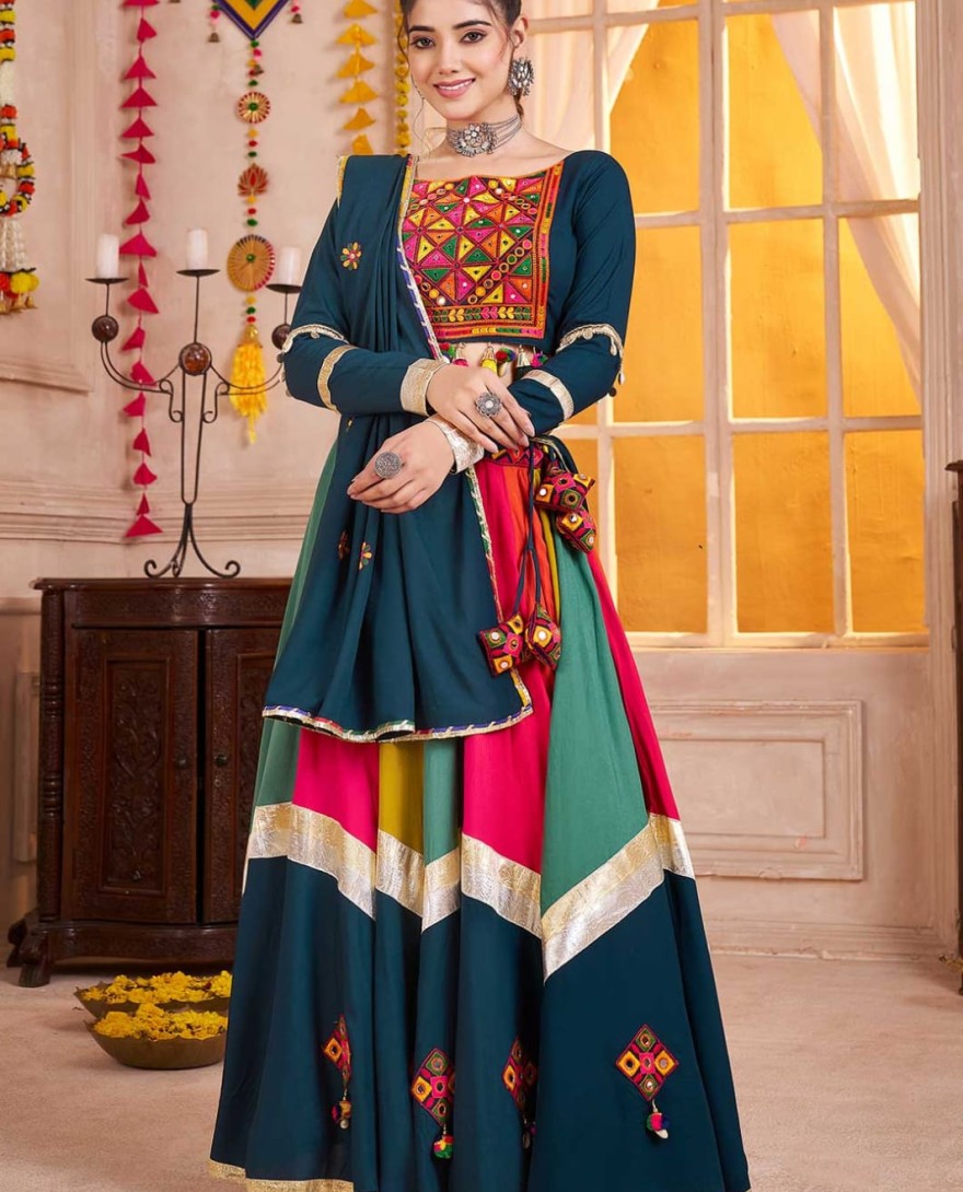 Blue - Multi color-teal blue Multicolor Navratri Lehenga Choli with Mirror and Kutchi Embroidery Work