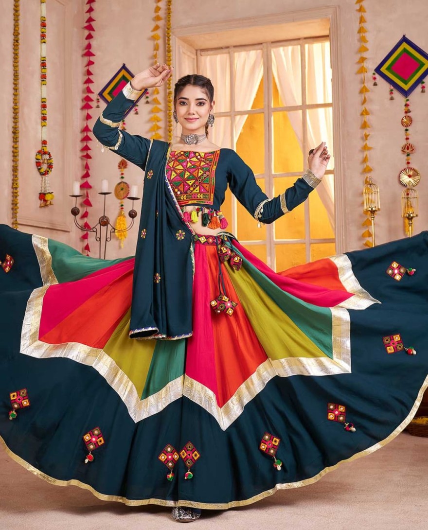 Blue - Multi color-teal blue Multicolor Navratri Lehenga Choli with Mirror and Kutchi Embroidery Work