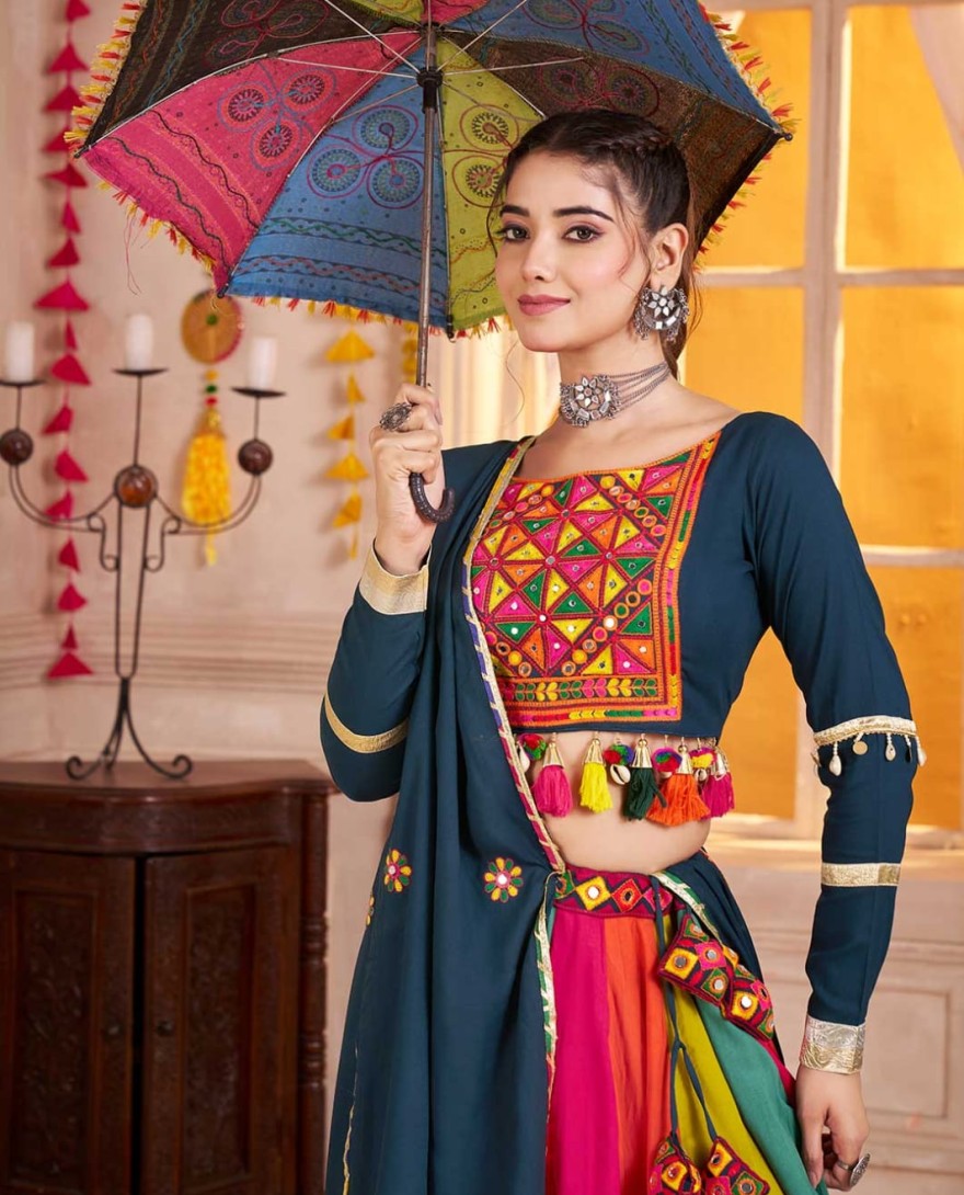 Blue - Multi color-teal blue Multicolor Navratri Lehenga Choli with Mirror and Kutchi Embroidery Work