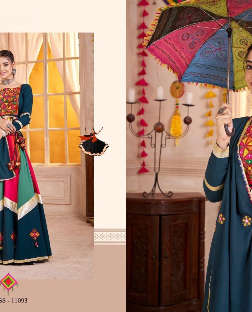 Blue - Multi color-teal blue Multicolor Navratri Lehenga Choli with Mirror and Kutchi Embroidery Work