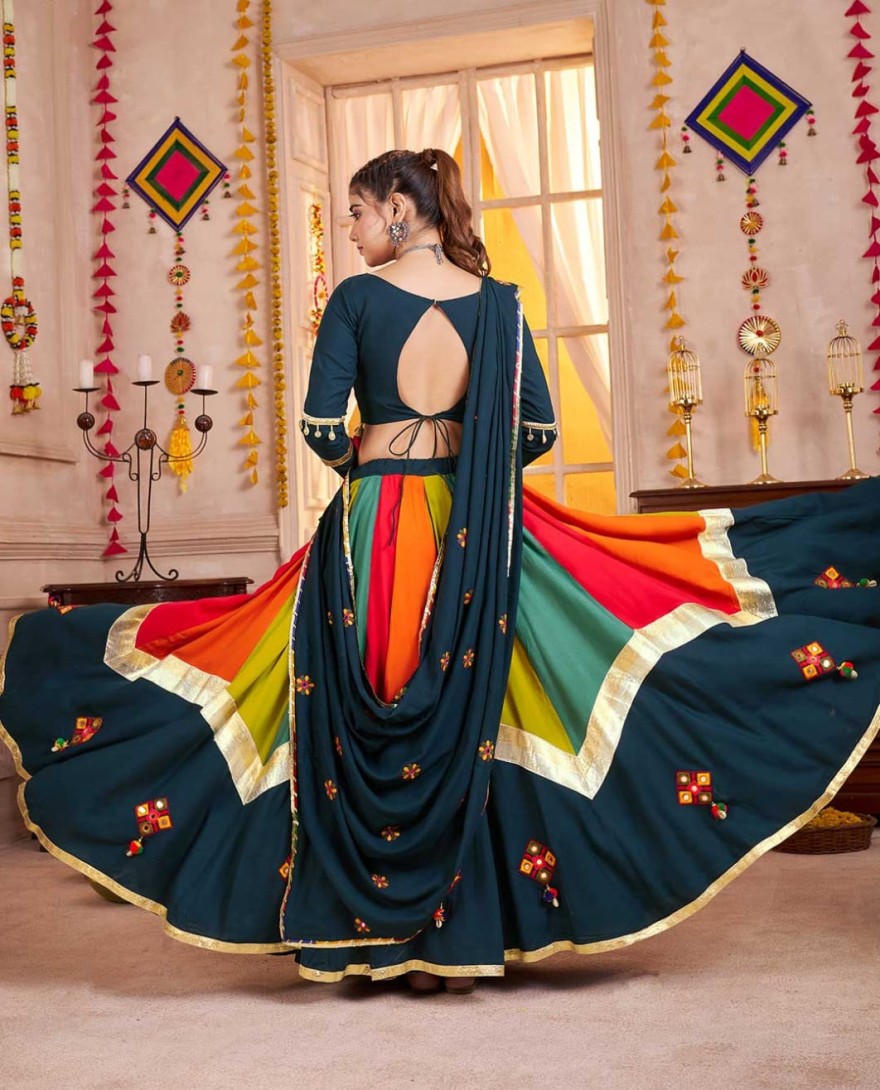 Blue - Multi color-teal blue Multicolor Navratri Lehenga Choli with Mirror and Kutchi Embroidery Work