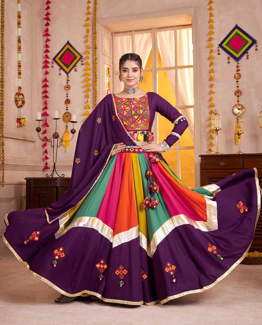 Purple - Multi color-Purple Navratri Lehenga Choli with Mirror and Kutchi Embroidery Work
