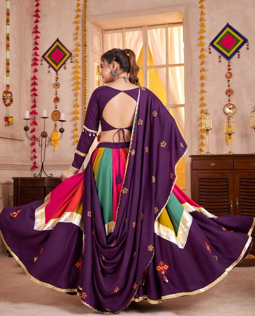 Purple - Multi color-Purple Navratri Lehenga Choli with Mirror and Kutchi Embroidery Work