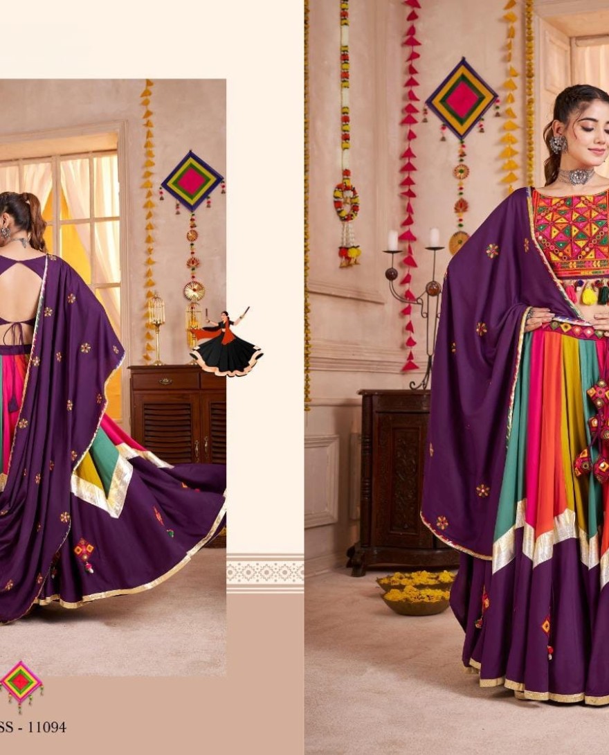 Purple - Multi color-Purple Navratri Lehenga Choli with Mirror and Kutchi Embroidery Work