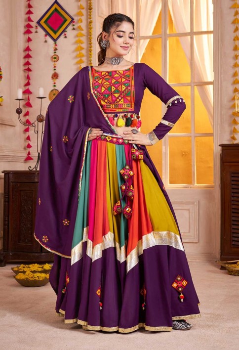 Multi color-Purple Navratri Lehenga Choli with Mirror and Kutchi Embroidery Work