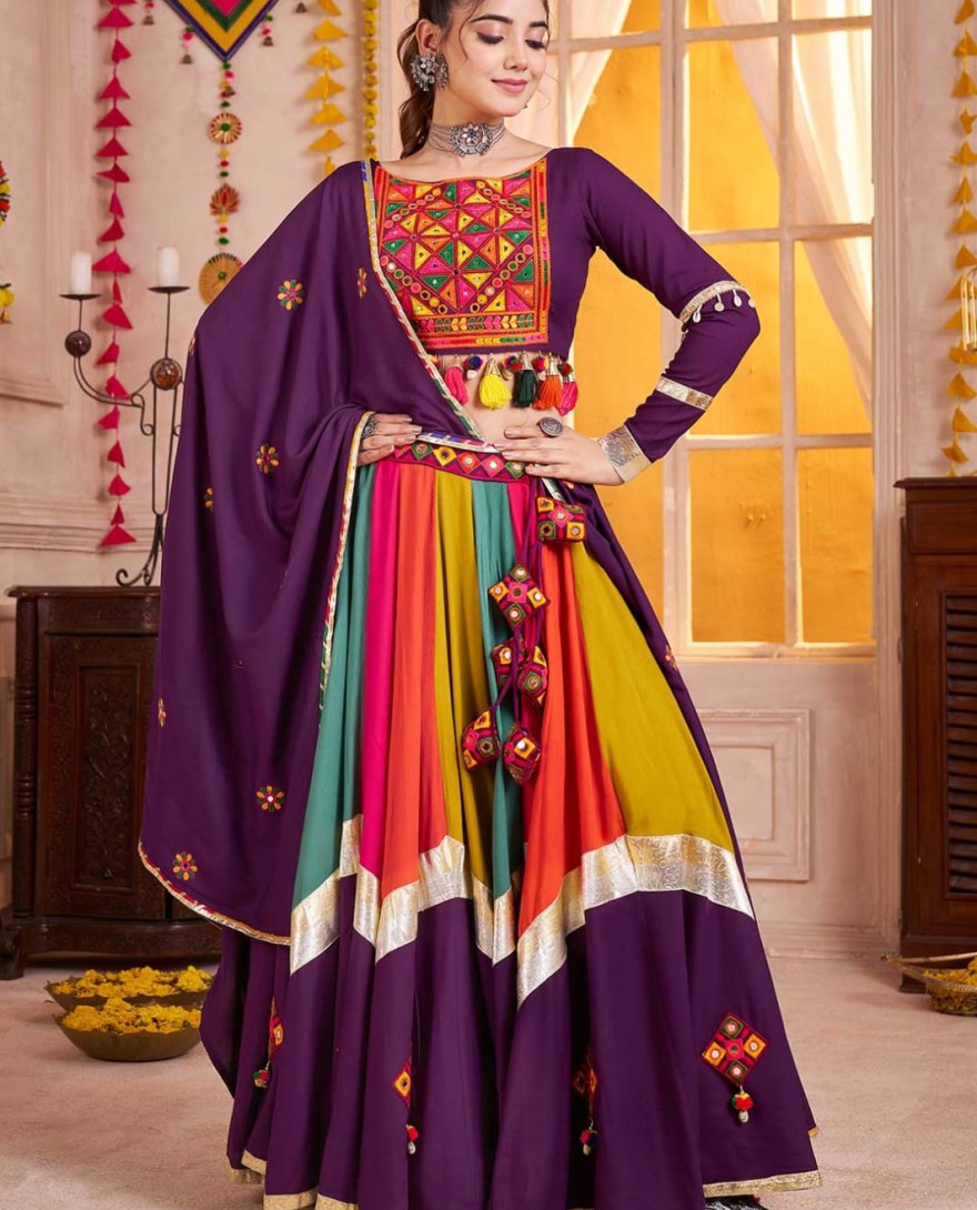 Purple - Multi color-Purple Navratri Lehenga Choli with Mirror and Kutchi Embroidery Work