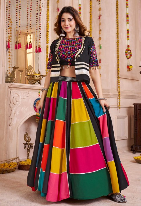 Precious Black Patch Work Navratri Wear Lehenga Choli With Jacket