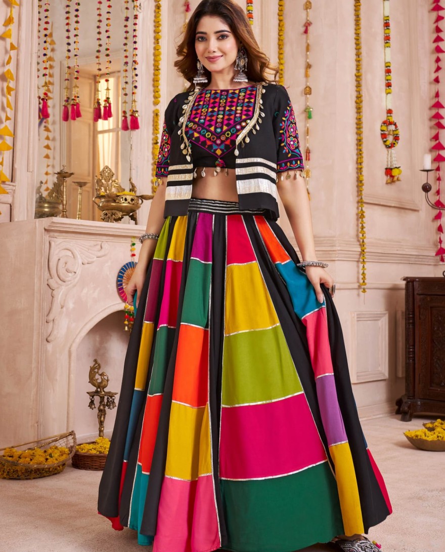 11142 - Precious Black Patch Work Navratri Wear Lehenga Choli With Jacket