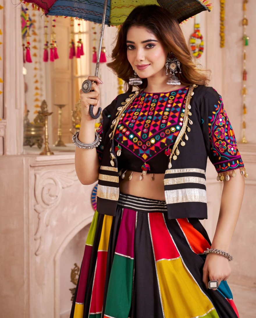 11142 - Precious Black Patch Work Navratri Wear Lehenga Choli With Jacket