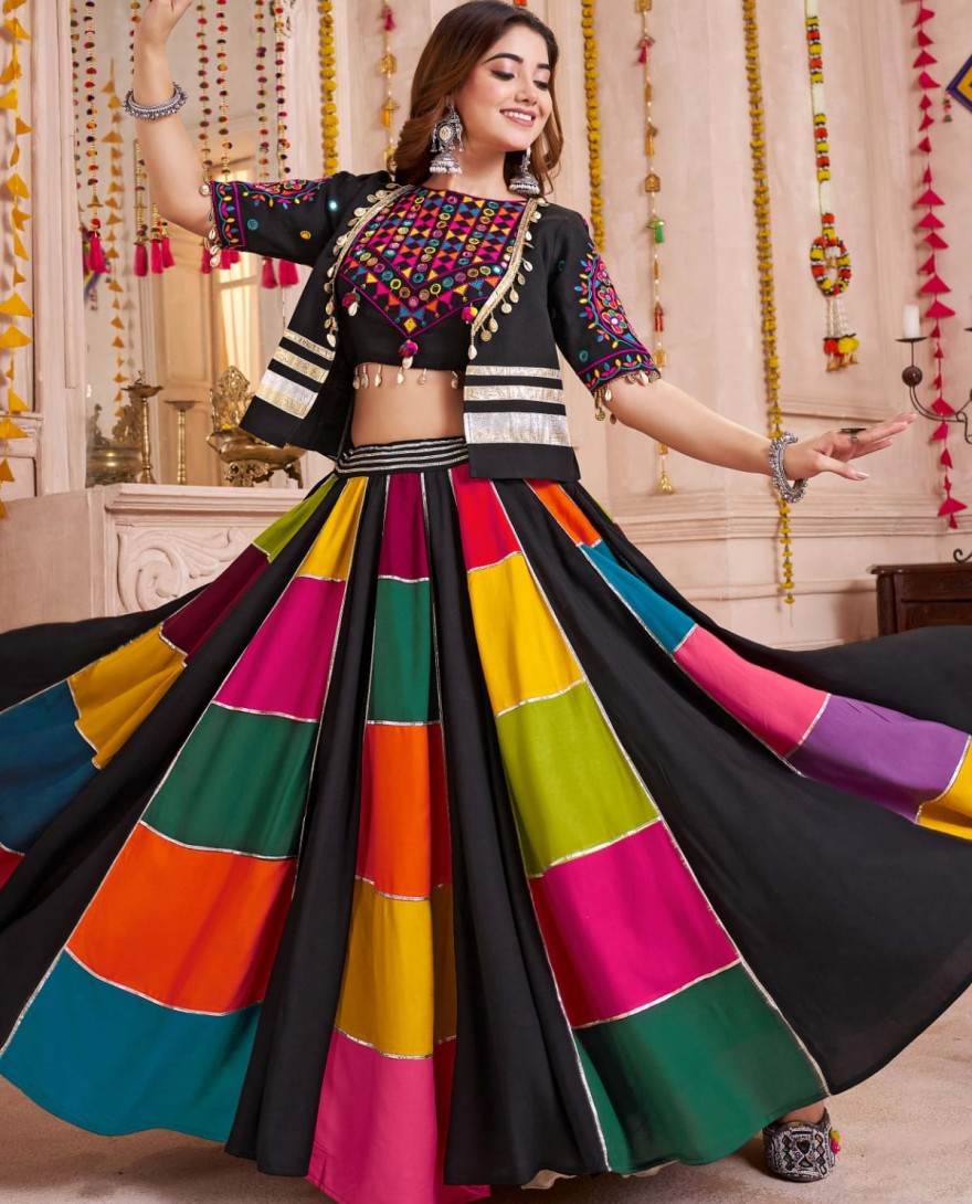 11142 - Precious Black Patch Work Navratri Wear Lehenga Choli With Jacket