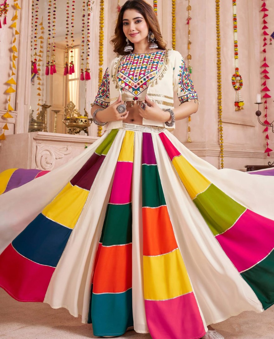 11143 - Captivating White Cotton Mirror Work Navratri Wear Lehenga Choli