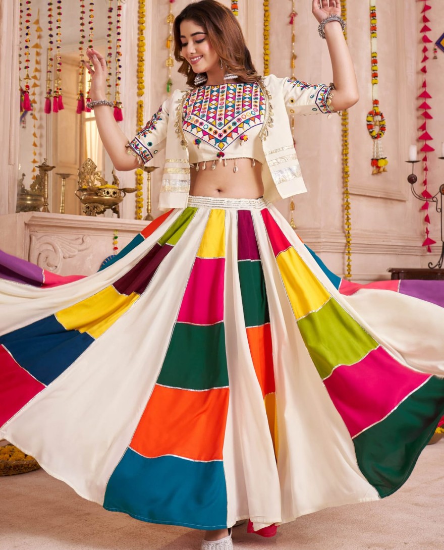 11143 - Captivating White Cotton Mirror Work Navratri Wear Lehenga Choli