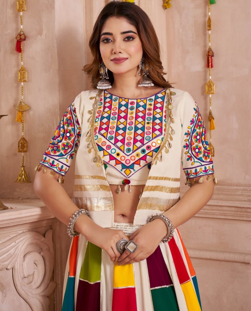 11143 - Captivating White Cotton Mirror Work Navratri Wear Lehenga Choli