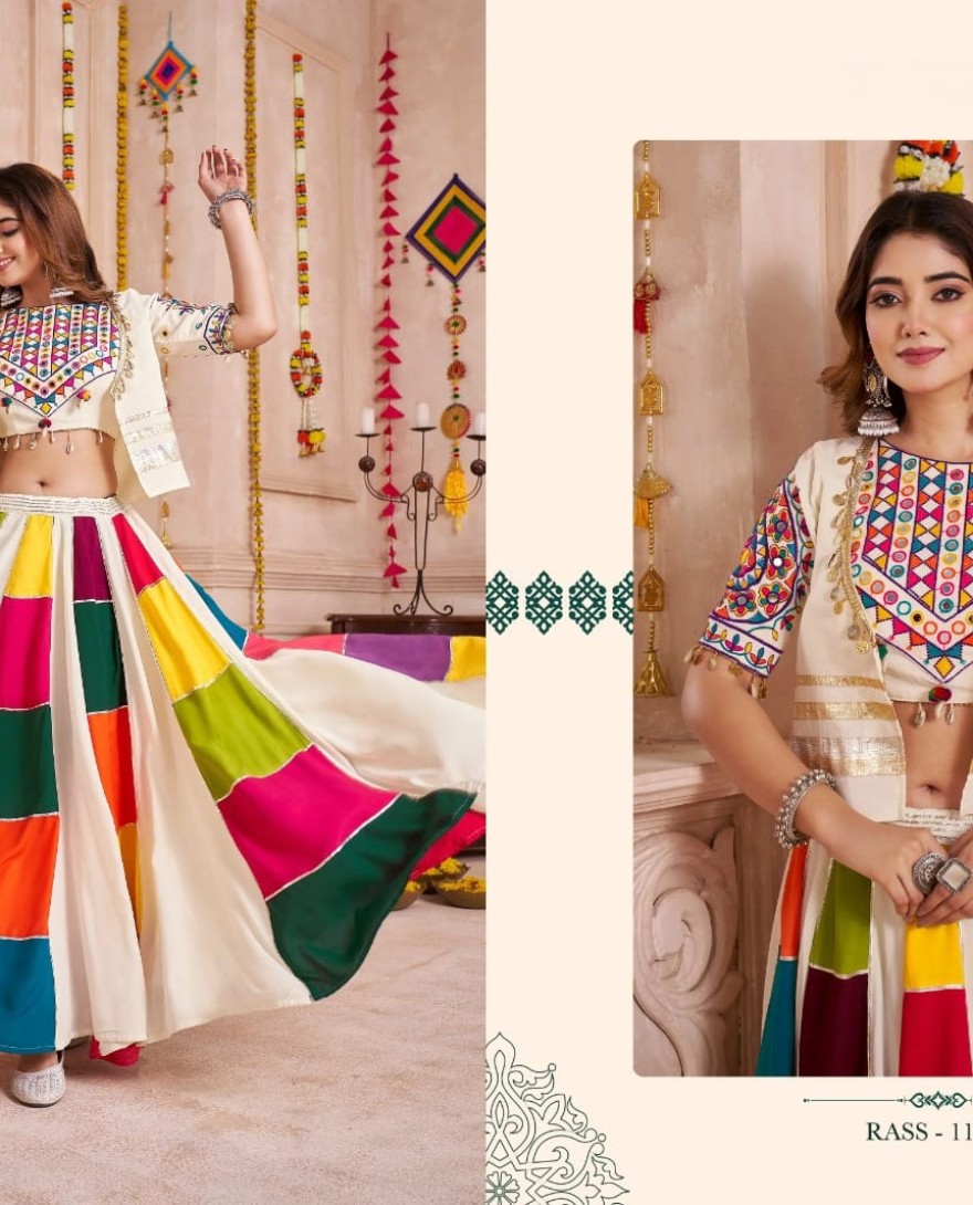 11143 - Captivating White Cotton Mirror Work Navratri Wear Lehenga Choli