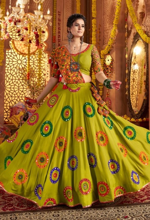 Elegant Green Viscose Cotton Embroidered Navratri Wear Lehenga Choli