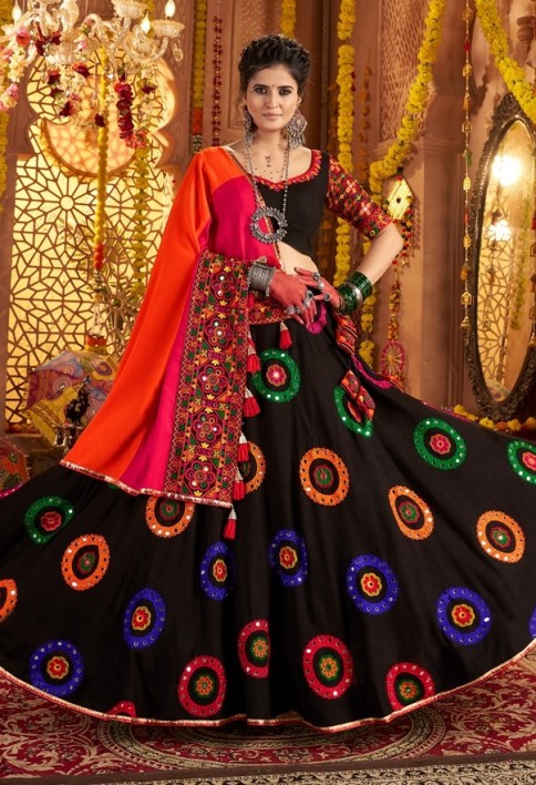 PRETTY BLACK MIRROR WORK NAVRATRI WEAR LEHENGA CHOLI WITH DUPATTA