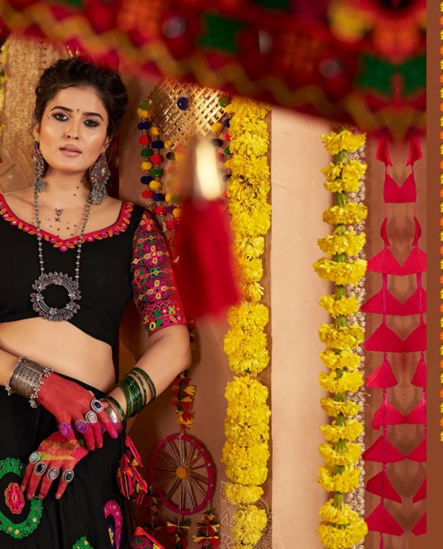 11012 - PRETTY BLACK MIRROR WORK NAVRATRI WEAR LEHENGA CHOLI WITH DUPATTA