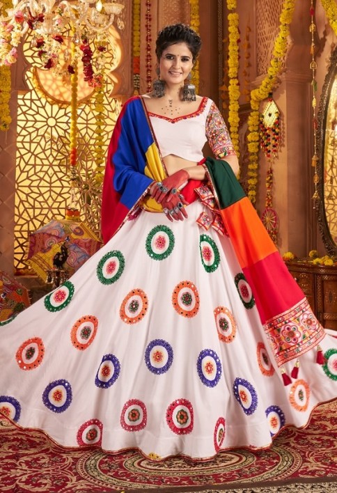 Pretty White Mirror Work Navratri Wear Lehenga Choli With Dupatta