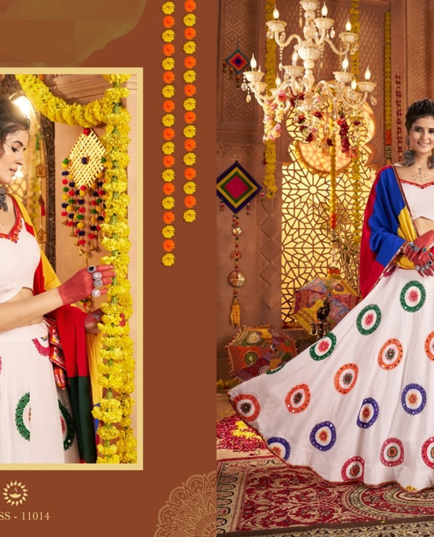 11014 - Pretty White Mirror Work Navratri Wear Lehenga Choli With Dupatta