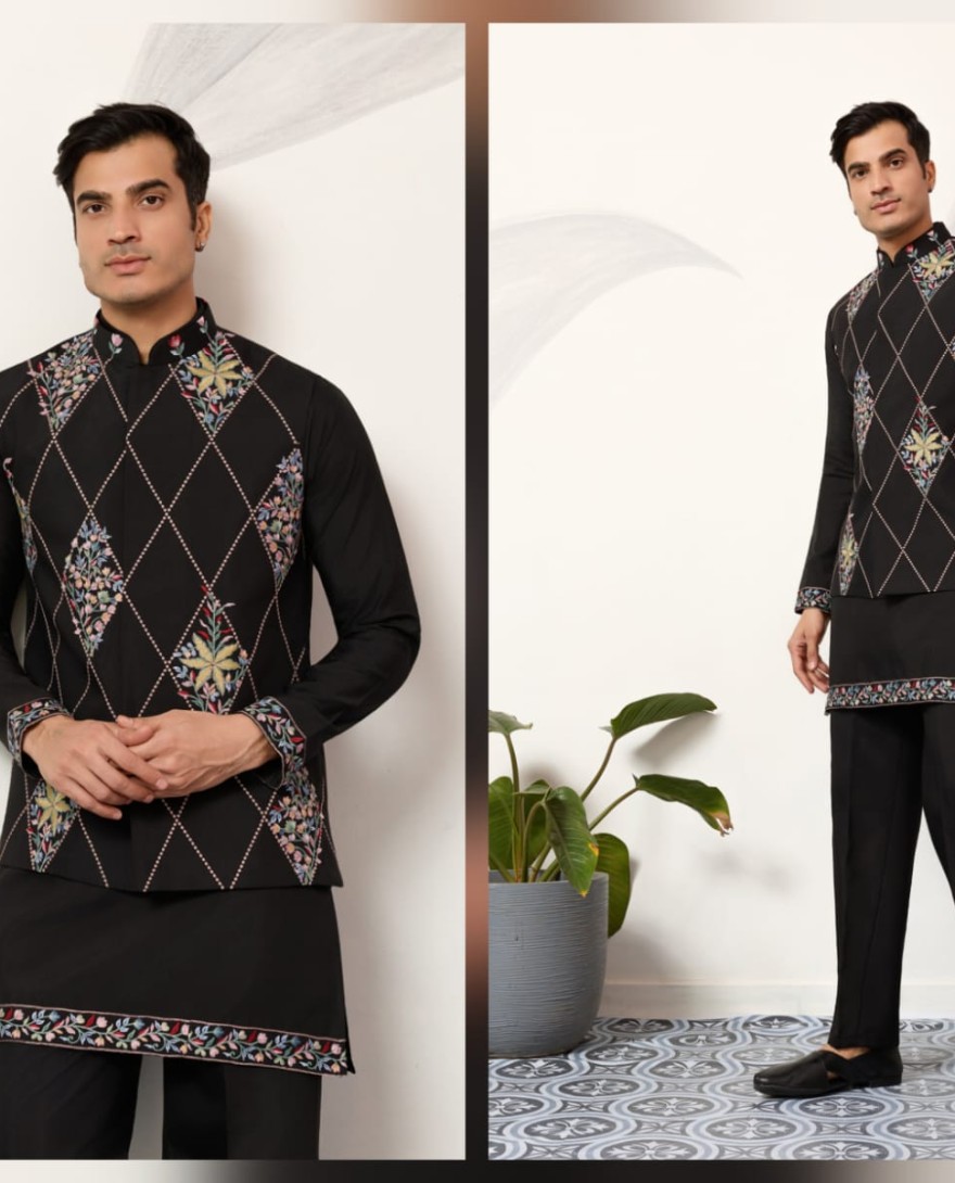 BLACK - Premium Wedding Black Koti Kurta Pajama for Mens Wear