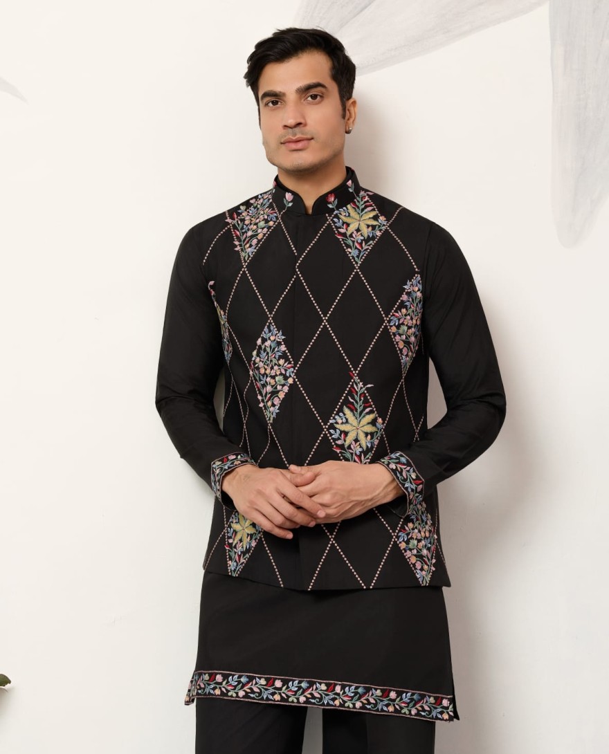 BLACK - Premium Wedding Black Koti Kurta Pajama for Mens Wear