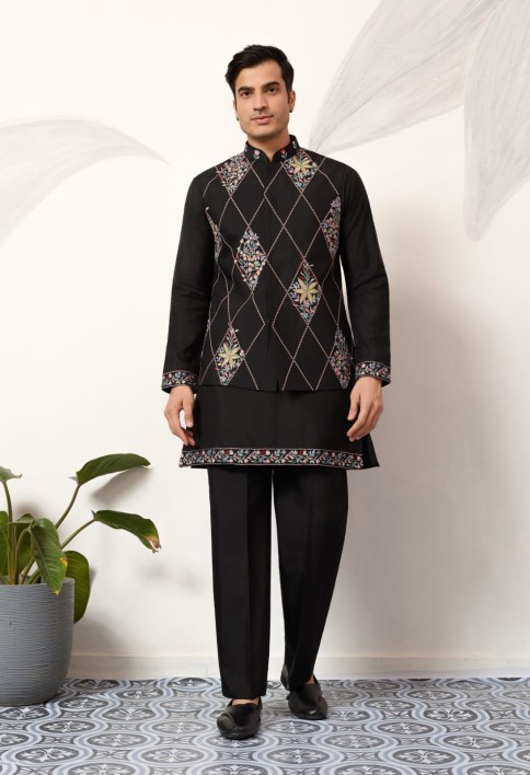 Premium Wedding Black Koti Kurta Pajama for Mens Wear