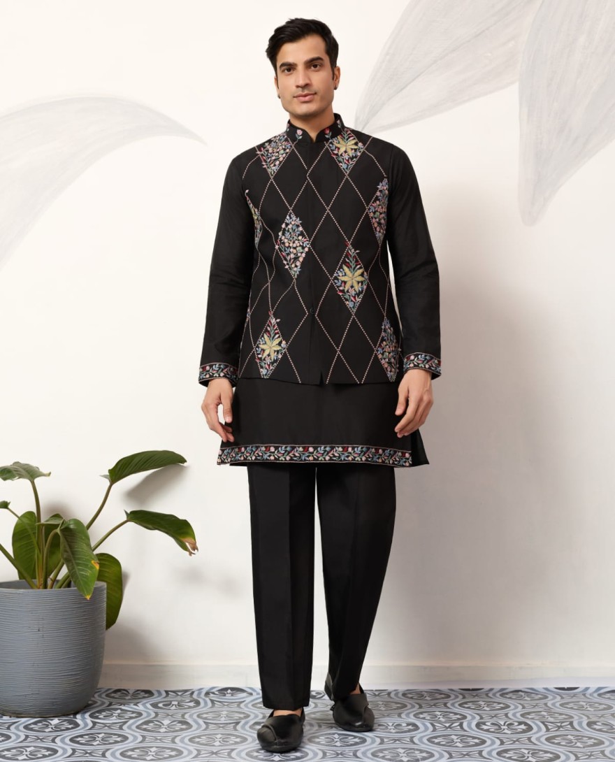 BLACK - Premium Wedding Black Koti Kurta Pajama for Mens Wear