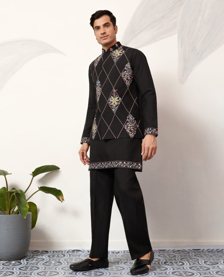 BLACK - Premium Wedding Black Koti Kurta Pajama for Mens Wear