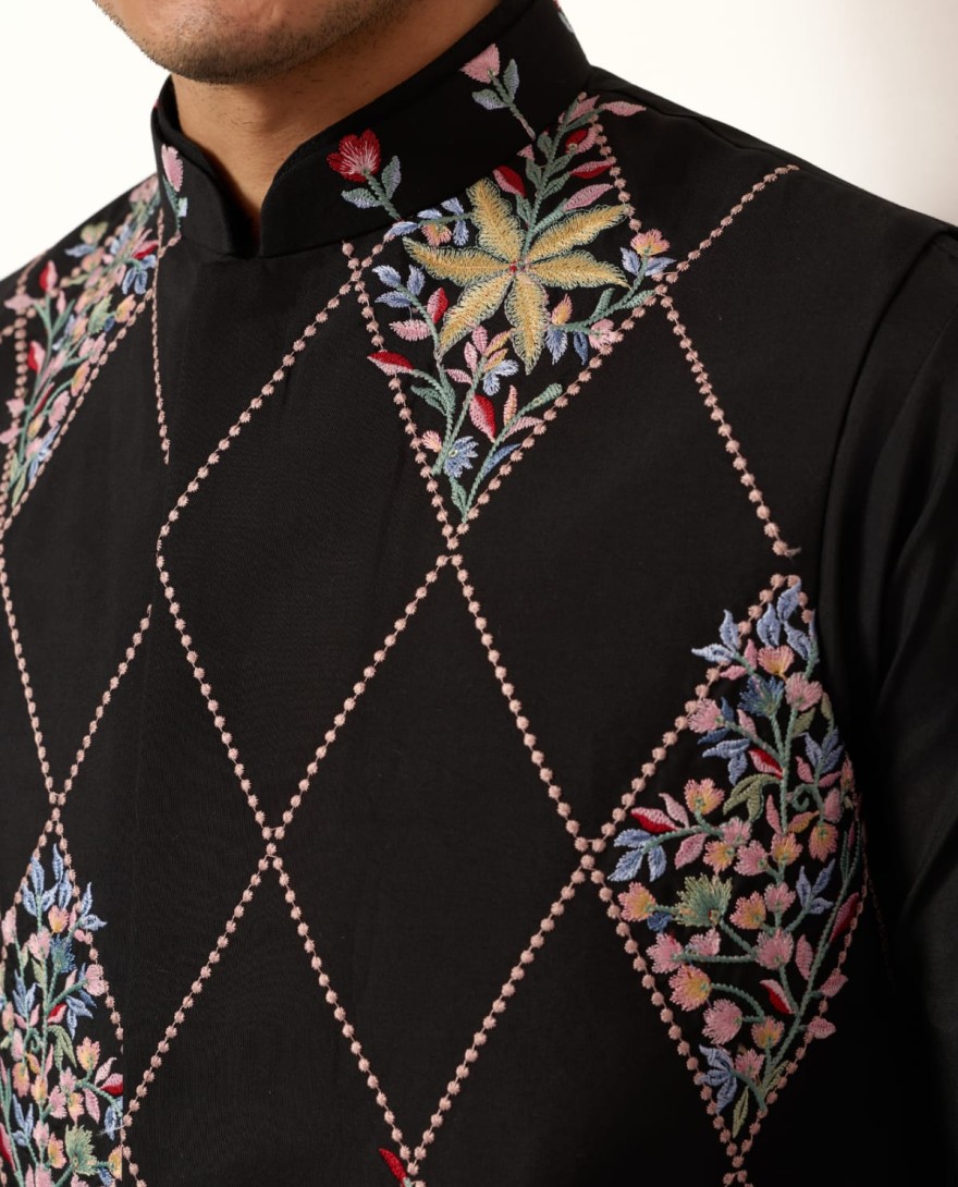 BLACK - Premium Wedding Black Koti Kurta Pajama for Mens Wear